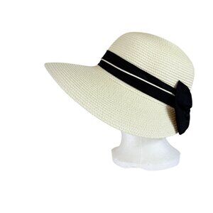 Royal Beige Straw Sun Hat Ponytail Notch Black Bow Beach Cruise Life Fashion